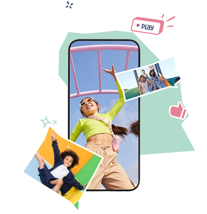 Girl in sunglasses cheering on a playground climbing frame, with photo cards of other kids playing